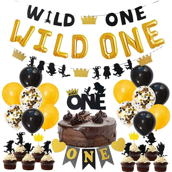 Wild One Birthday Decorations for Boys Black and Gold Wild One Balloons High Chair Banner Cake Toppers 1st Birthday Party Supplies