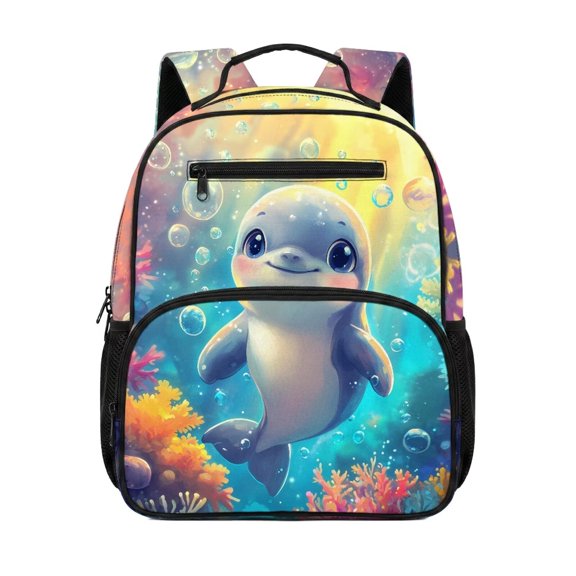 Yuyamidu Cute Dolphin Toddler Preschool Backpack for Boys Girls, 13.5 Inch Kids School Bag with Padded Shoulder Straps and Multi-Pocket Design for Daycare and Kindergarten