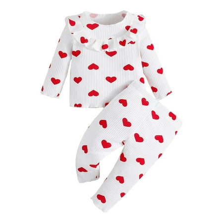 

Girl Outfits Long Sleeve Ruffles Heart Prints Ribbed T Shirt Pullover Tops Pants Baby Boy Clothes