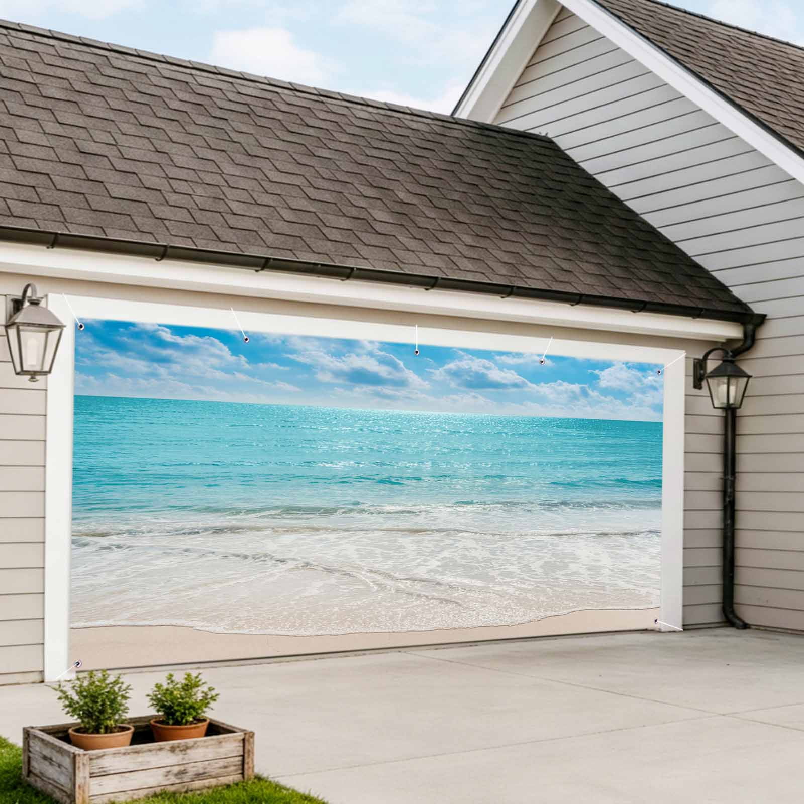 Summer Beach Garage Door Cover Banner 7 x 8 FT, Blue Coastal Ocean Seaside Nautical Garage Door Curtains Backdrop with Grommets for Indoor Outdoor Wall Party Porch Yard Decorations Background