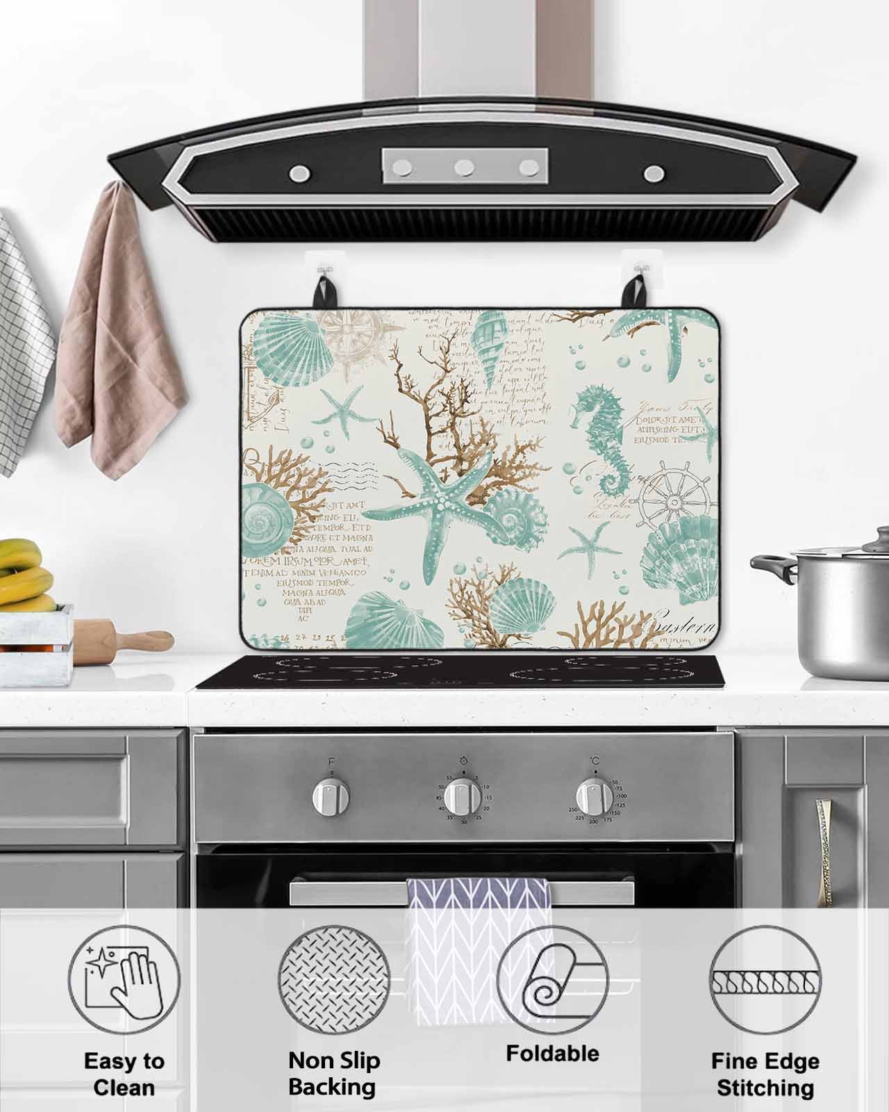 nqOlkjepod Large Induction Cooktop Protector Mat 24"x21", Coastal Starfish Stove Top Covers for Electric Stove, Farmhouse Nautical Seahorse Conch Stove Burner Cover Mats, Glass Top Stove Cover