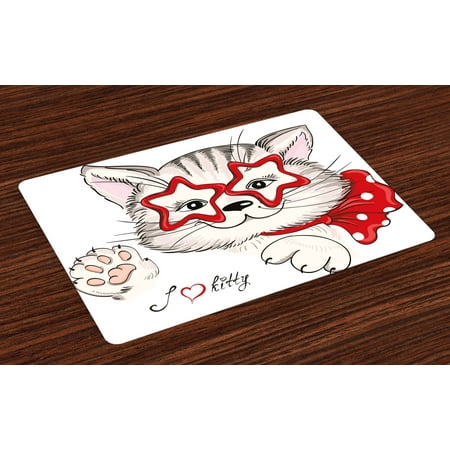 Kids Placemats Set of 4 Fashion Portrait Hipster Cat with Star Shaped Glasses and Bow I Love Kitty, Washable Fabric Place Mats for Dining Room Kitchen Table Decor,Red Beige Pale Pink, by (Best Place For Kids Glasses)