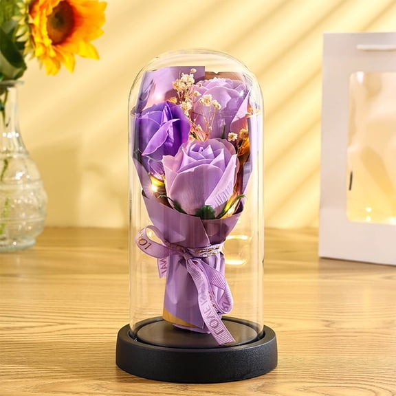 Eternal Preserved Rose in Glass Dome with LED Lights - Long Lasting Flower Gift for Valentine's Day and Anniversaries, Ideal for Women and Wife as a Keepsake(Dark Purple)