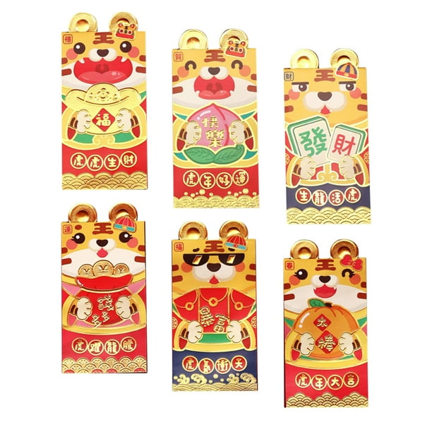6 sobres rojos del Año del Tigre Lunar Chino con los mejores deseos Hongbao para cumpleaños D