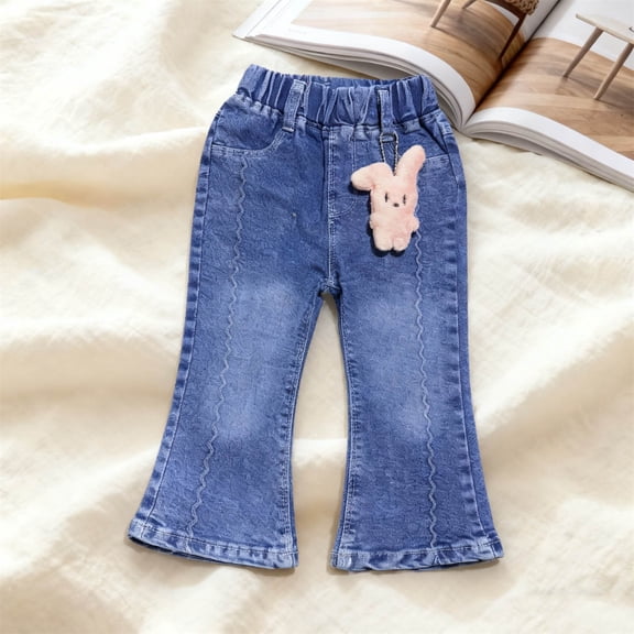 breaise Toddler Girls Wide Leg Jeans Elastic Waist Bow Knot Printing Baggy Denim Pants Y2k Cute Casual Straight Trousers 2-8Y