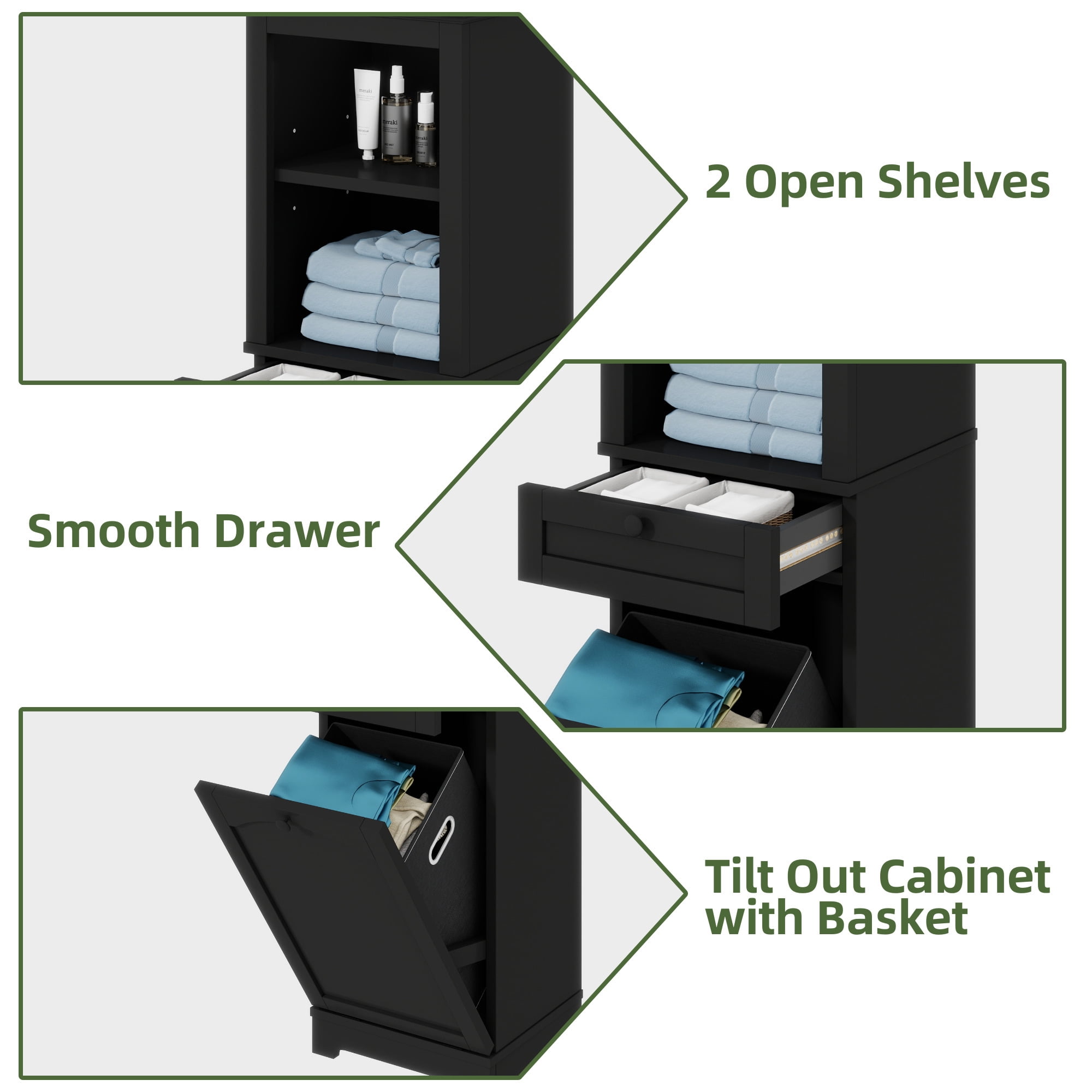 Uforic Bathroom Storage Cabinet with Drawer, Laundry Hamper Cabinet with Basket, Black