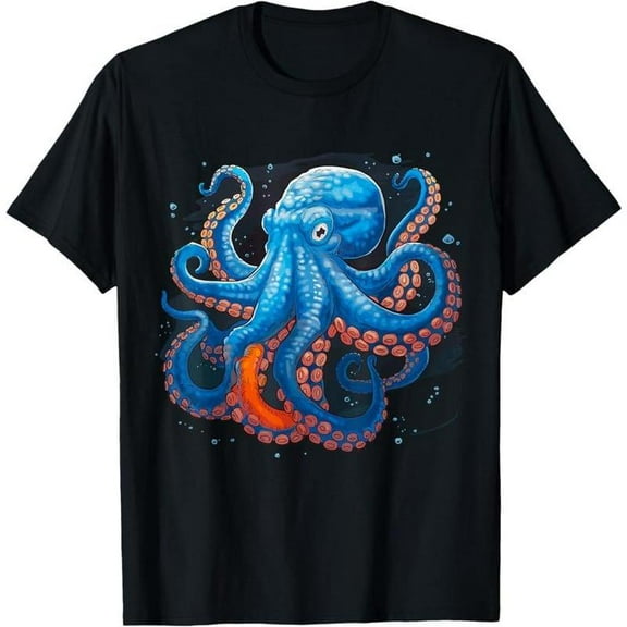 Blue Octopus Graphic Tee Shirt Unique Gift Cotton Tops Fashion Short Sleeve Crew Neck Black S-5XL