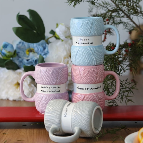 Copa De Hilo Taza de cerámica con forma de bola de hilo azul, divertida taza para tejer, ideal como regalo para crocheters y tejedores (1 unidad) JASKFLY