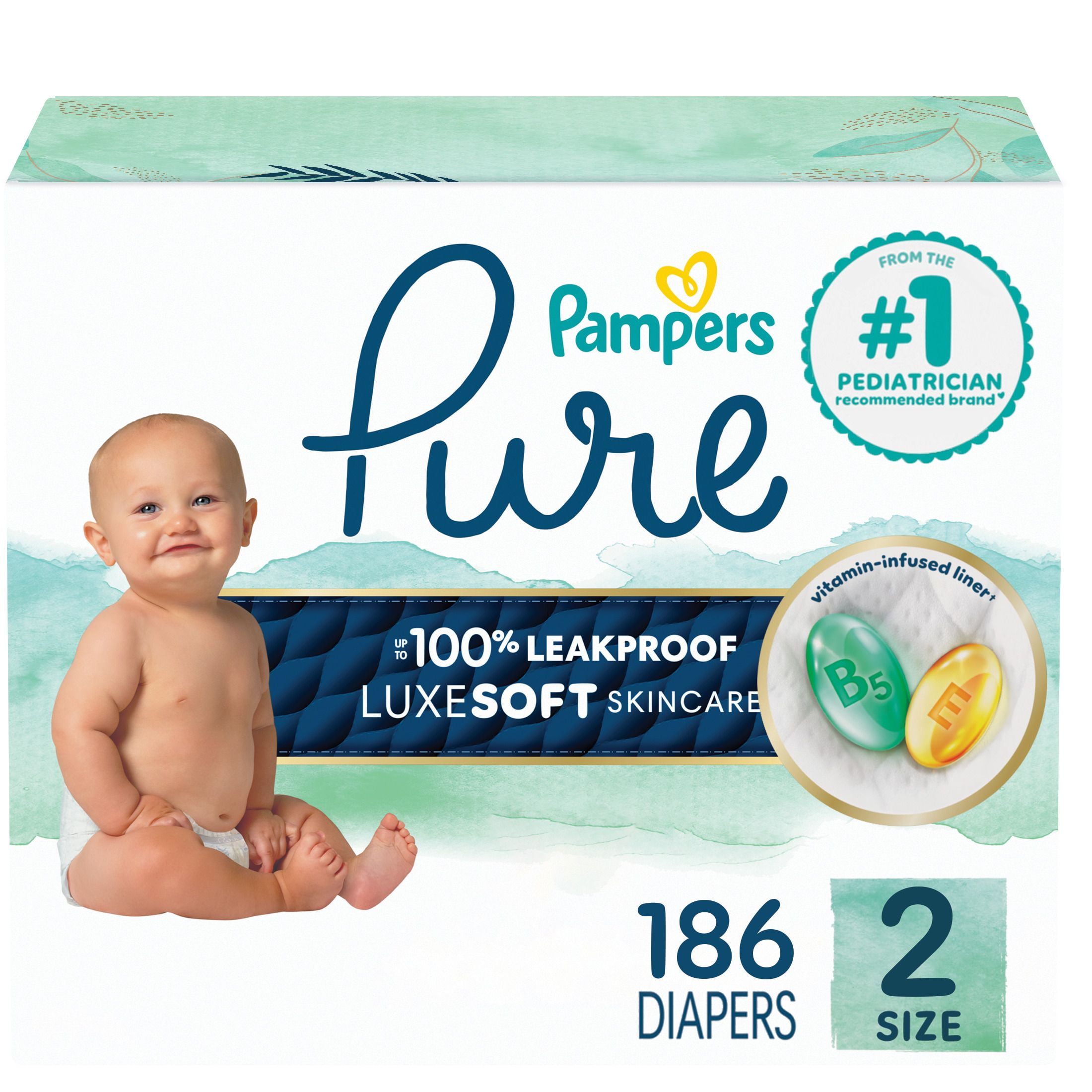 Couches pour bébés Pampers Pure, taille 2 ( à [12 lb à 18 lb]), jusqu’à 100 % sans fuites, couches douces hypoallergéniques haut de gamme