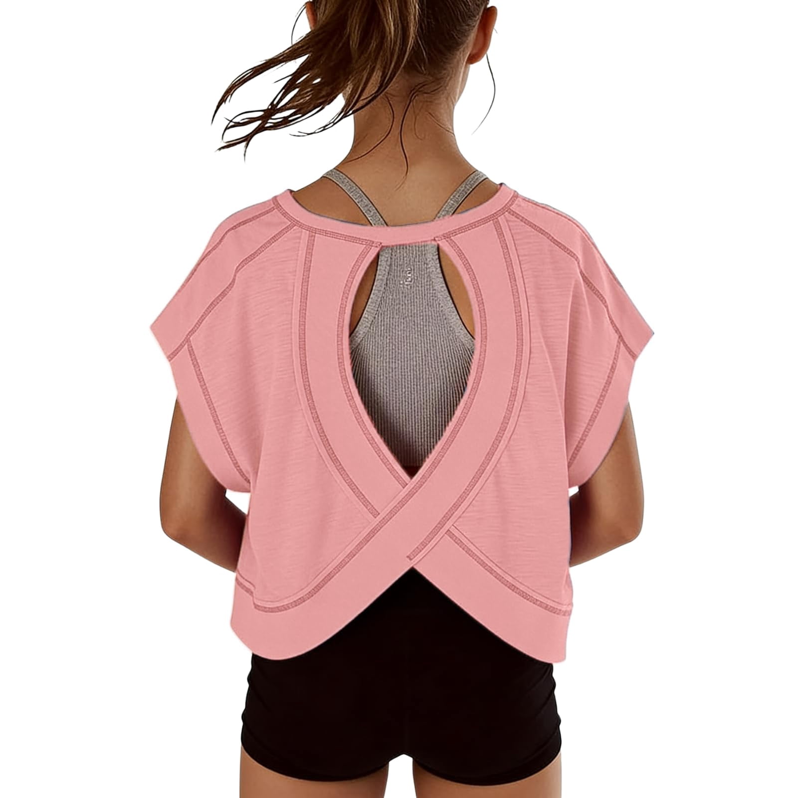 Faraee Teen Girls Open Back Shirts Backless Yoga Workout Summer Cute Tee Tops Short Sleeve Crop Oversized T Shirts Clothes 4t 5t 6t 7t 4-14 Years Pink