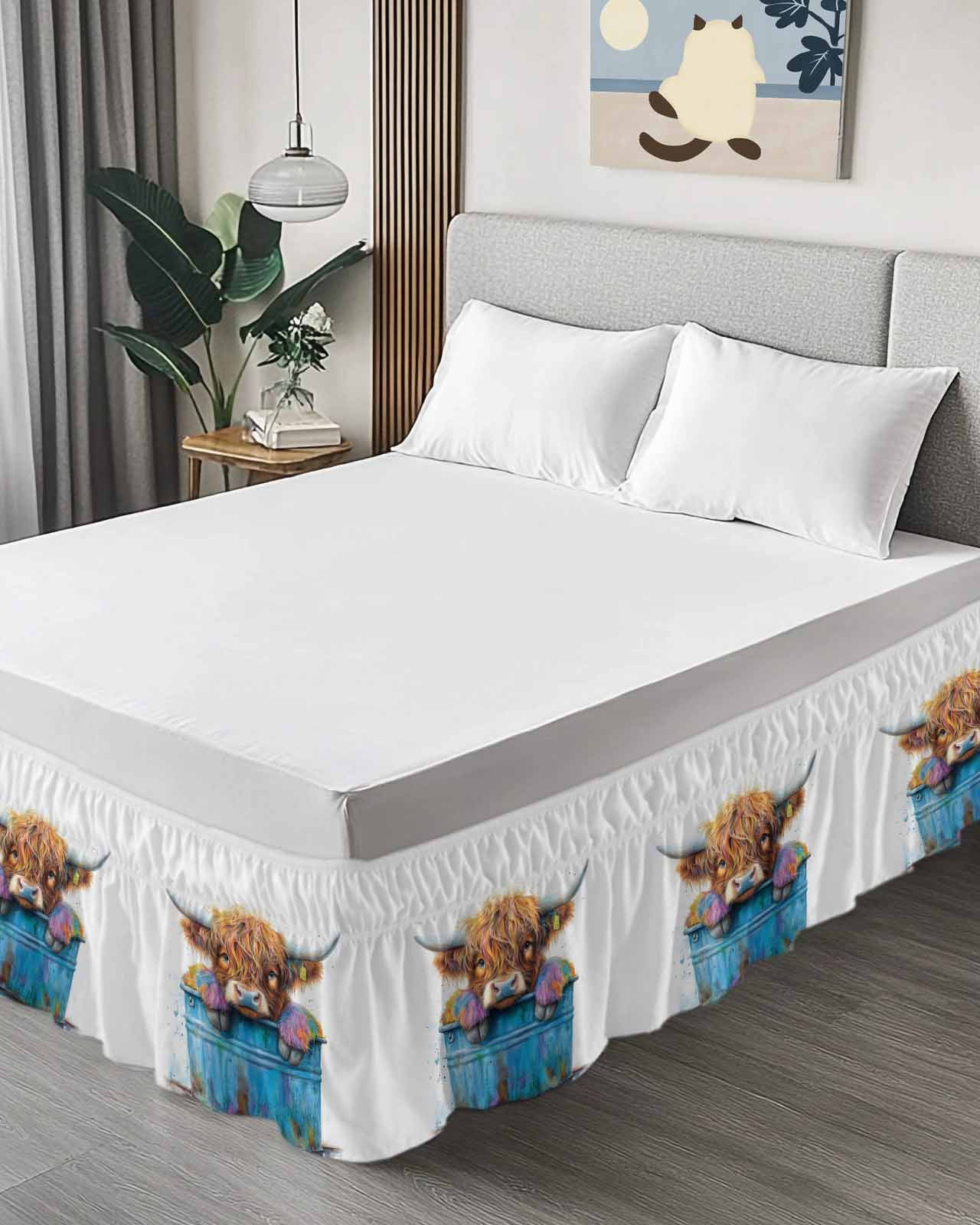Highland Cattle Bed Skirt Farmhouse Cow Funny Animal Bed Skirts Queen Size 18 Inch Drop, Wrap Around Dust Ruffle&nbsp;Bedskirt with Adjustable Elastic Belt for Queen Size Beds