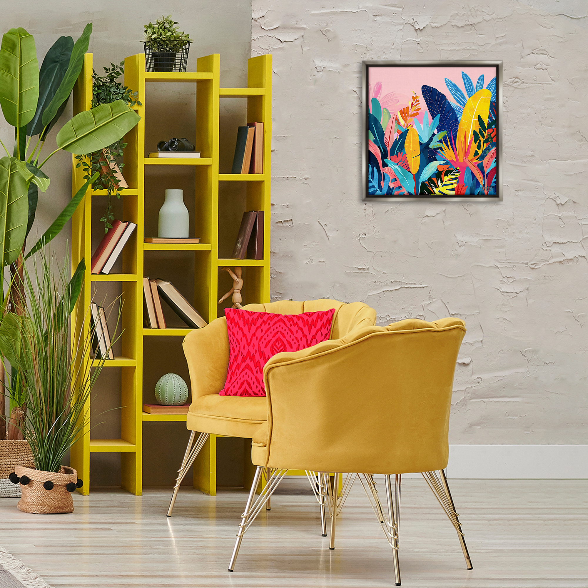 Stupell Industries Bold Tropical Jungle Leaves Botanical & Floral Painting Gray Floater Framed Canvas Art Print Wall Art, 18 x 18