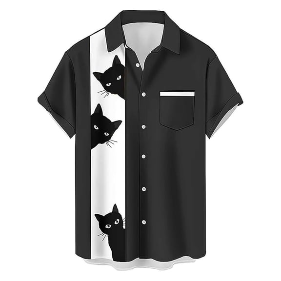 CONZONE Men's Buttons Down Shirts Short Sleeve Shirts For Men Trendy Black Cat Graphic Lapel Soft Lightweight Tops
