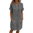 thumbnail image 3 of Horkkom Linen Dress Women V Neck Solid Color Short Sleeve Sundresses Beach Vacation T Shirt Dress with Pocket, S-2XL, 3 of 7