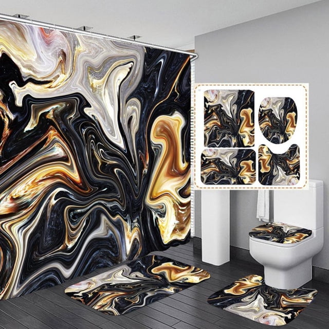 Aosijia 4 Pcs Marble Shower Curtain Sets Bathroom Sets with Shower Curtain and Rugs and Accessories Rug Toilet Lid Cover and Non-Slip U Shape Mat Waterproof Shower Curtain with 12 Hooks