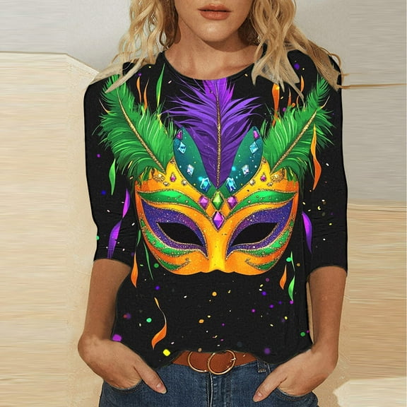 successthop Mardi Gras 3/4 Womens Shirts Casual Plus Size with Crew Neck Polyester Casual Mask Printed Mardi Gras Celebrations Blouse Tops for Mardi Gras Event Purple 3XL