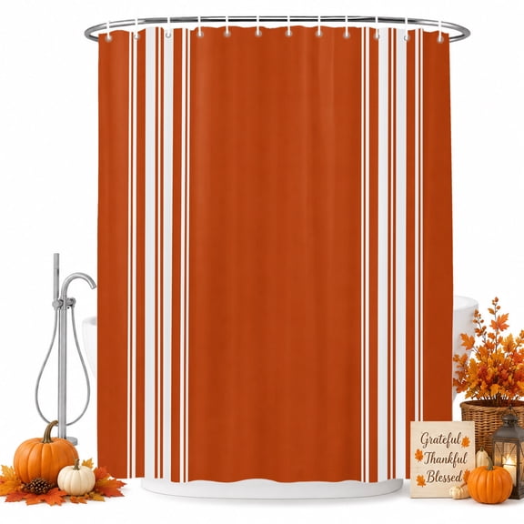 Burnt Orange Striped Shower Curtain Set - Small 36" x 72" Washable Bathtub Curtain with 12 Hooks, Farmhouse White Stripes Aesthetics Waterproof Fabric Stall Shower Curtains for Bathroom Décor