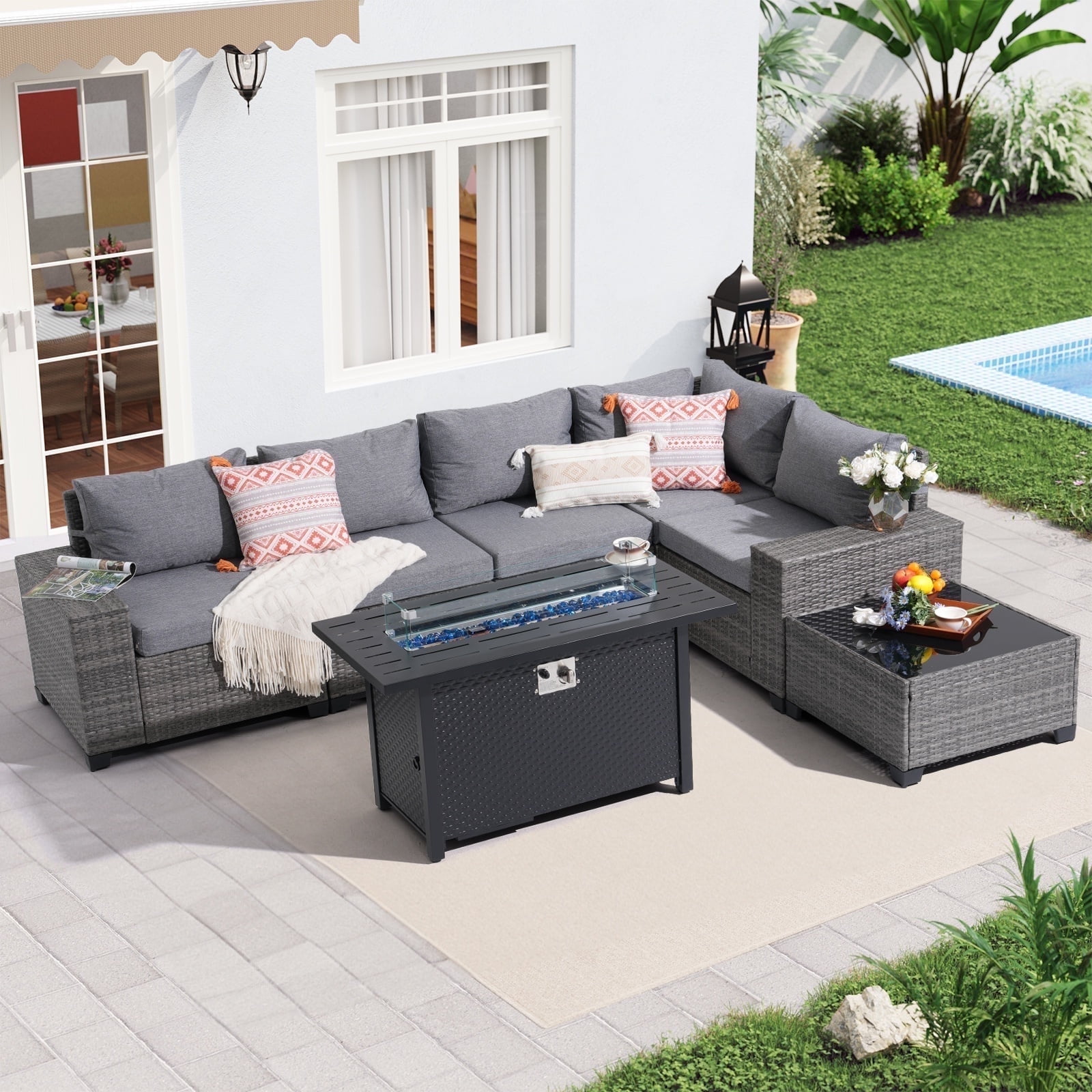JOIVI 7-Piece Patio Furniture Set with 45" Fire Pit Table, Rattan Outdoor Conversation Set with 50,000 BTU Gas Fire Pit and Coffee Table, Wicker Sectional Sofa Set with Wide Armrest, Gray