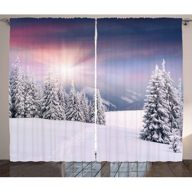 Winter Curtains 2 Panels Set, Idyllic Image of Snow Season Outdoors
