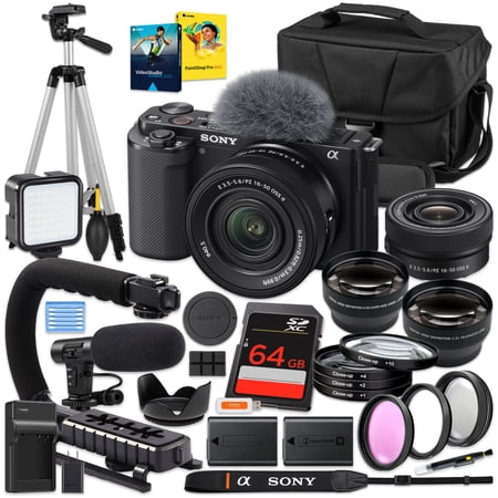 Sony ZV-E10 Mirrorless Camera + E PZ 16-50mm OSS II Lens | Compact Vlogging Kit, 64GB Memory Card, Carrying Case, Extra Battery, Tripod, Video Mic, LED Light, Filters (International Version)