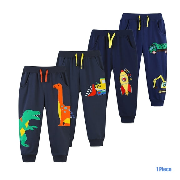 Bellafa 2-7 Years Boys Elastic Waist Cotton Sweatpants Dinosaur Applique Graphic Toddler Kids Jogger Pants with Pocket Drawstring