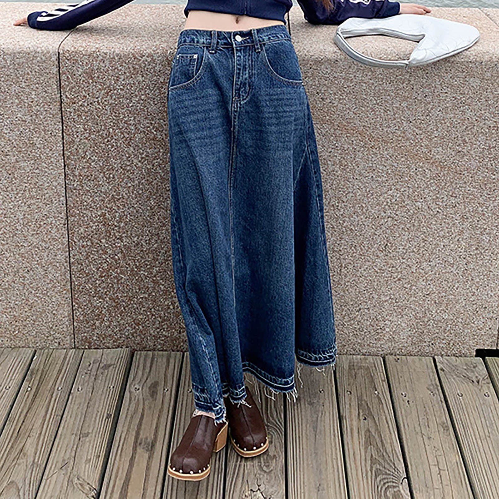 B91xZ Maxi Skirts for Women Solid Elastic High Waist Knee Length Denim Skirt Blue 4XL