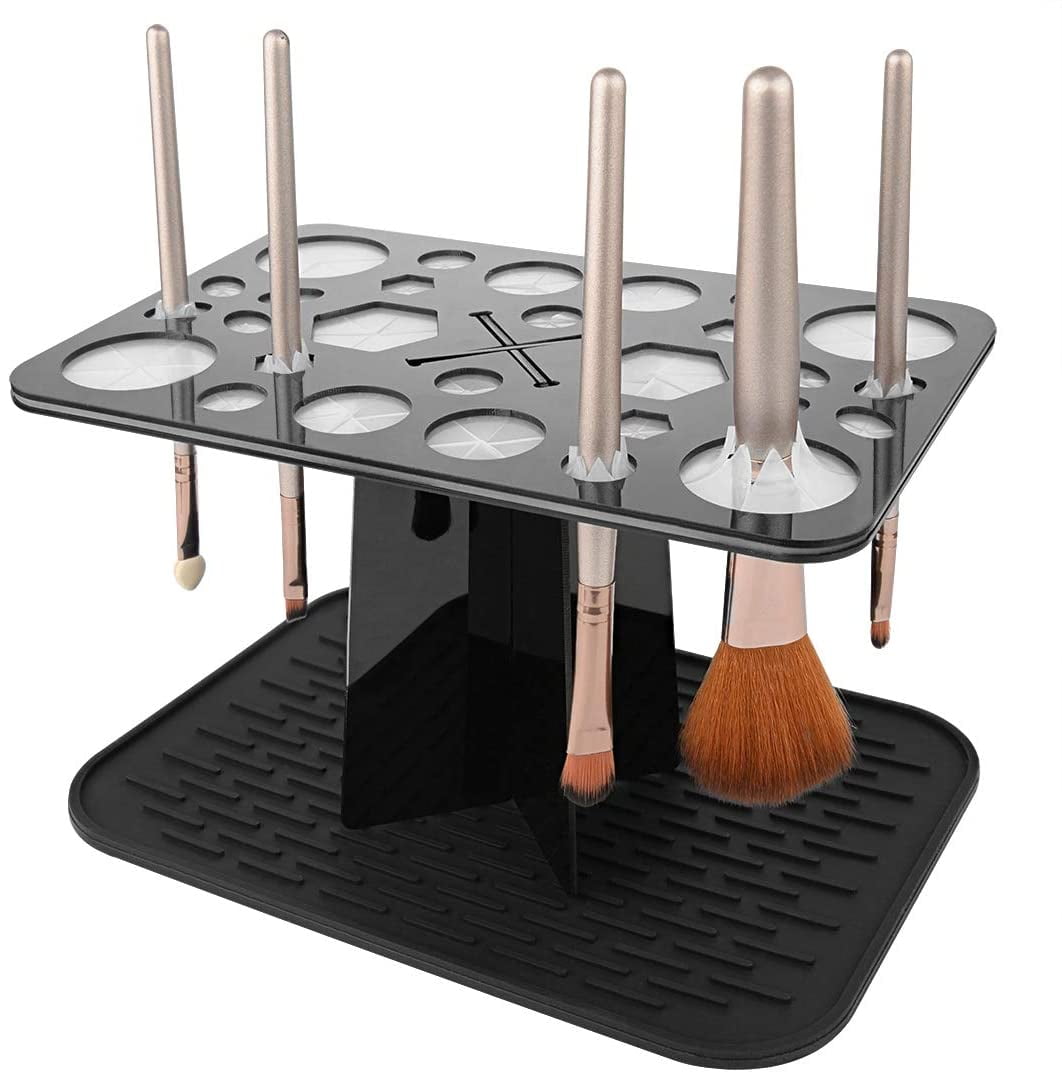 28 Hole Makeup Brush Drying Rack with Mat Keep Countertop Drying