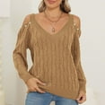 thumbnail image 2 of cfhntfmh Womens Cold Shoulder Sweater Tops V Neck Long Sleeve Shirts off Shoulder Tunic Top Casual Cable Knit Pullover（Khaki,Medium), 2 of 3