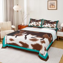 Homewish Rustic Western Cowboy Twin Sheet Sets,Farmhouse Horse Cowhide Twin Fitted Sheet,Brown Cyan Flat Sheet For Boys Kids,Breathable Home Decor,3-Piece