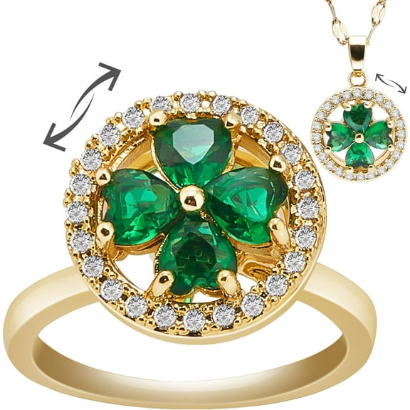 Fidget Necklace Rings for Women, Four-Leaf Clover Anxiety Relief Items for Women, Stainless Steel Spinner Fidget Ring for Anxiety with Zirconia Stones, Gifts for People with Anxiety