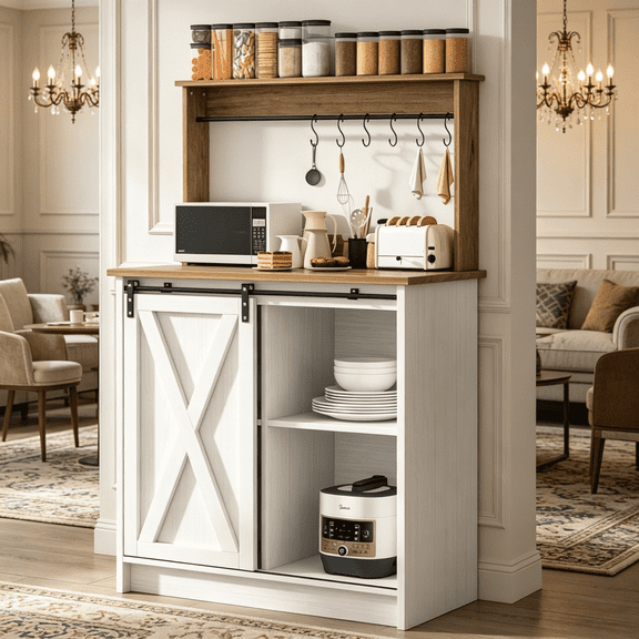 DreamCurship Farmhouse Coffee Bar Cabinet with Storage, Buffet Cabinet Kitchen Storage Cabinet with Hutch, Small Coffee Station, Rustic,Wood，White
