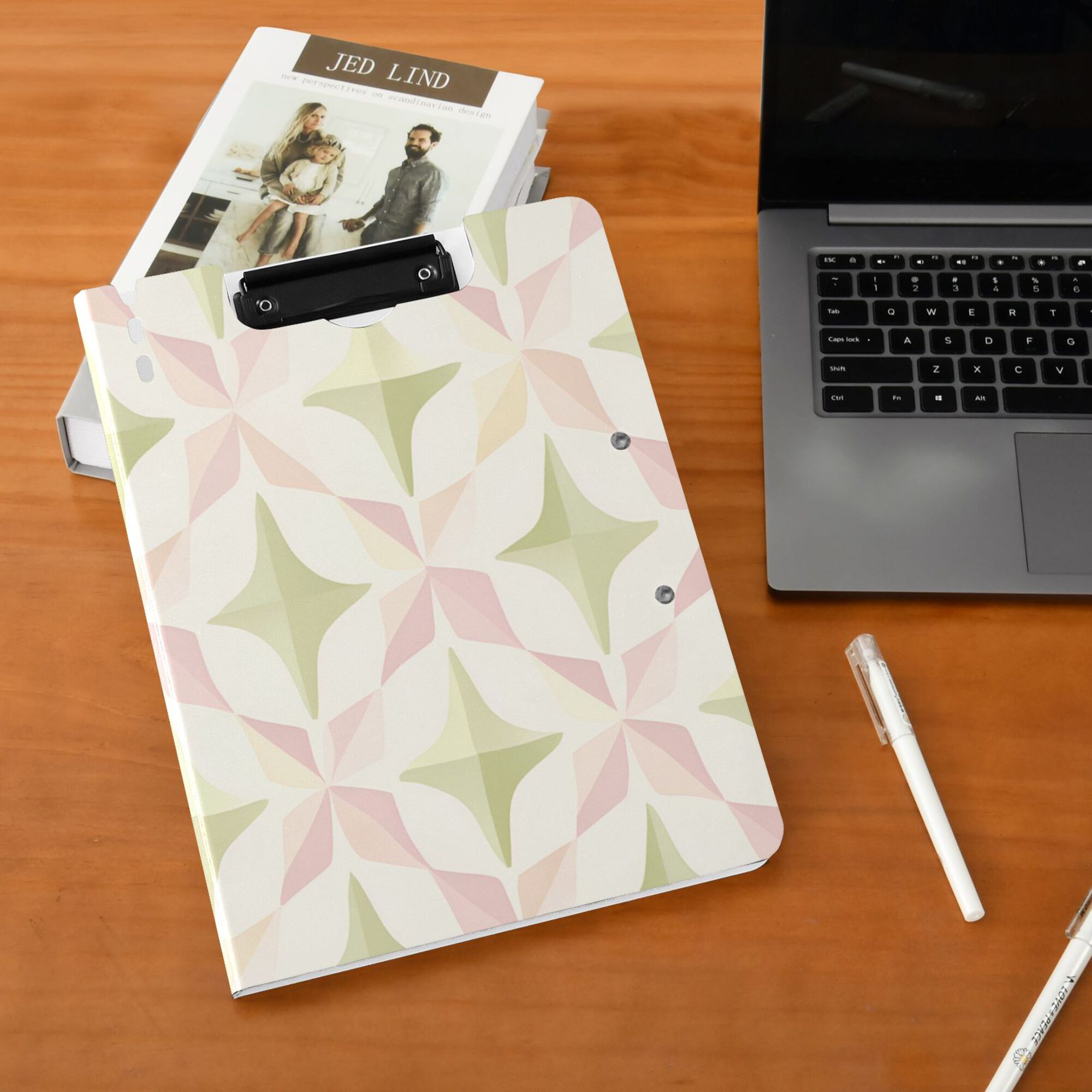 FORMRS A4 Clipboard Folder with Pen Holder Horizontal Foldable School Office Binder, Pastel Pink Geometric