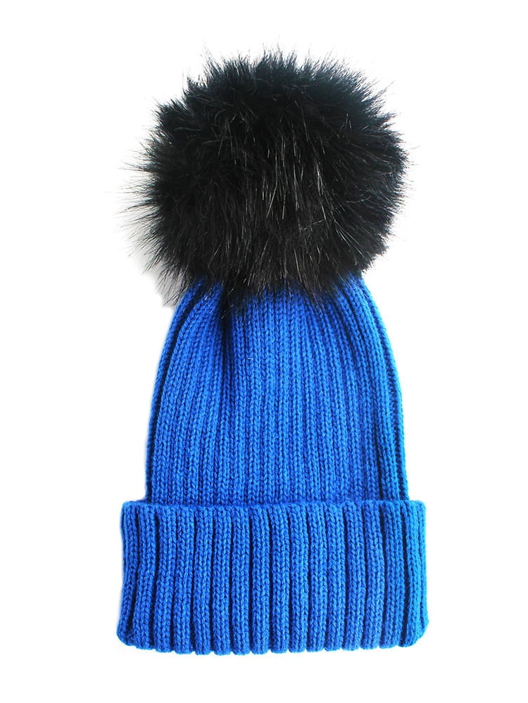 Unisex Winter Cable Knit Faux Fur Pom 