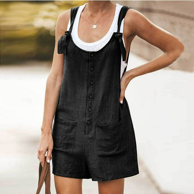 ICHUANYI Clearance Women's Summer Button Cotton And Pocket Suspender Shorts Jumpsuit Strap Pants(Black, M) ICHUANYI WER2023080803396