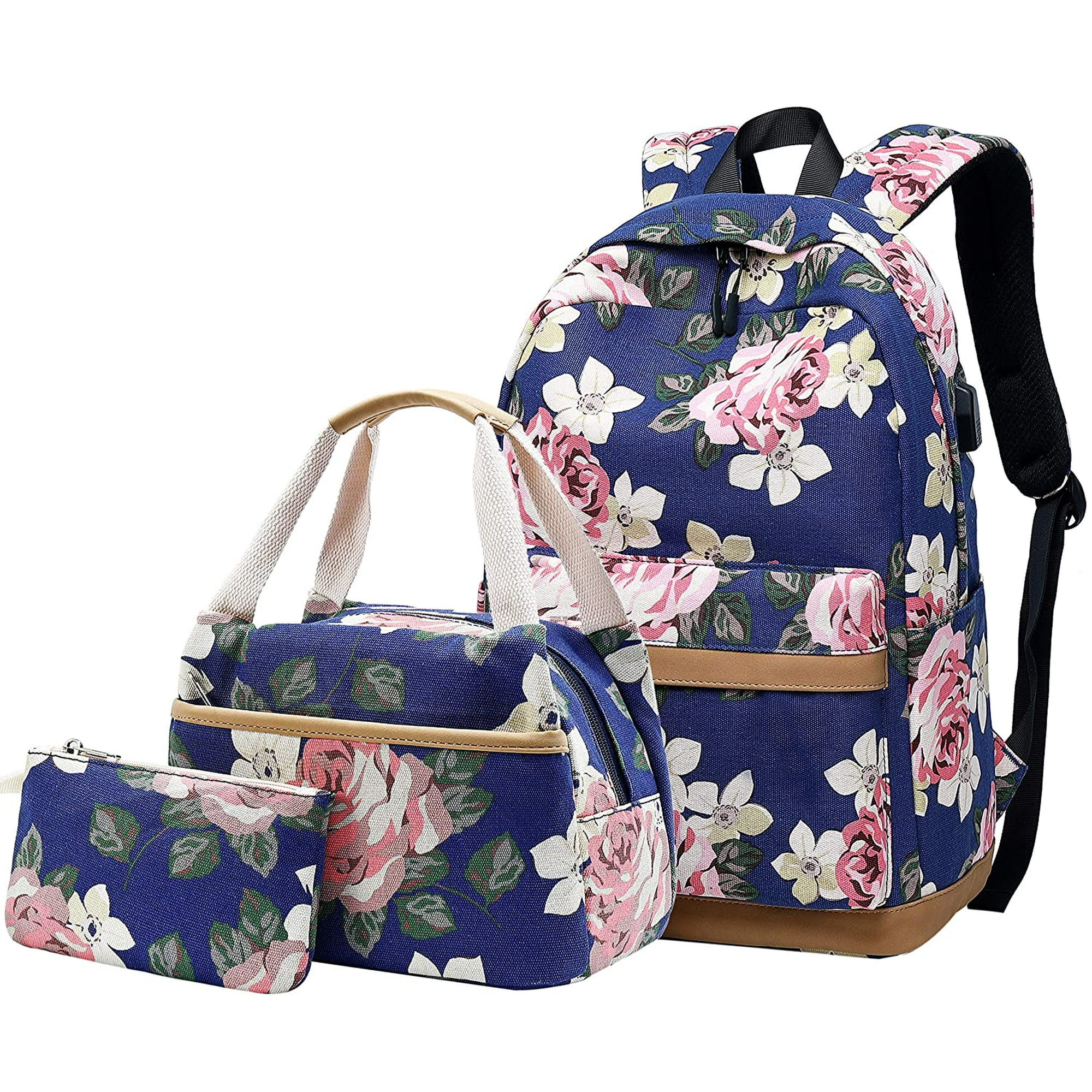 School Backpack Girls Teenager Ladies School Bag Canvas Satchel Set Flowers Backpack For Girls School Leisure With Lunch Box Bag And Pencil Case