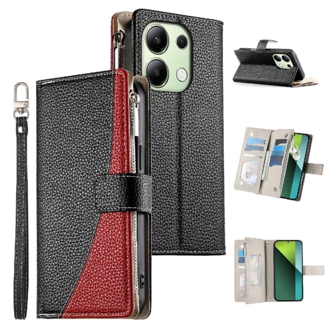Funda cartera GANGXUN para Xiaomi Redmi Note 13 4G , cuero PU con tarjetero, cremallera, correa de mano, soporte y protección 1243°
