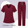 thumbnail image 2 of RPVATI Scrub Set for Women Soft and Stretchy Nurse Uniform Workwear Short Sleeve V-Neck Scrub Tops and Elastic Waist Pants Nursing Breathable Scrub Suit with Pockets(Wine,XL）, 2 of 3