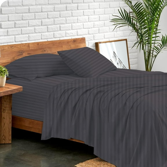 800 Thread Count 100% Egyptian Extra Long Staple Cotton Sheet Set, 4 Pc Set, Sateen Weave, Hotel Collection Soft Luxury Bedding, Fits Upto 15" Inch Deep Pocket (Dark Grey Stripe, California King Size)