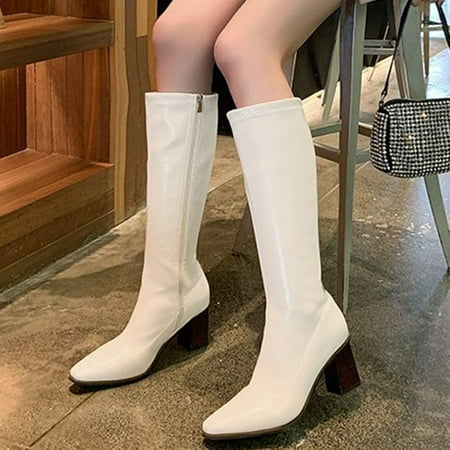 

ZMHEGW Women Boots Solid Breathable High Round Toe Heels Thigh Shoes