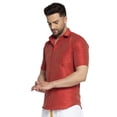 thumbnail image 3 of eloria Mens Traditional Maroon Striped Party Shirt with Mundu Vesty Style Dhoti, 3 of 5