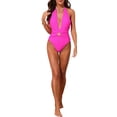 thumbnail image 2 of Conjuntos de baño de dos piezas con escote en V profundo y hebilla para mujeres, tops halter y falda larga, trajes de baño color rosa rojo, talla X-Large, 2 of 5