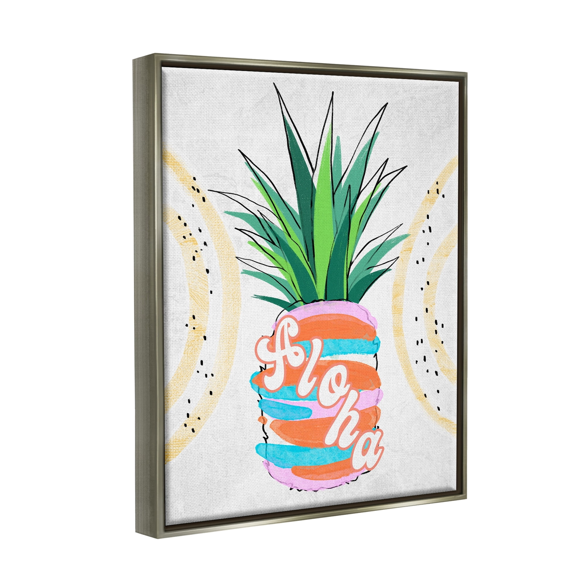 Stupell Industries Tropical Aloha Pineapple Bold Leaves Groovy Text Graphic Art Luster Gray Floating Framed Canvas Print Wall Art, Design by Ziwei Li