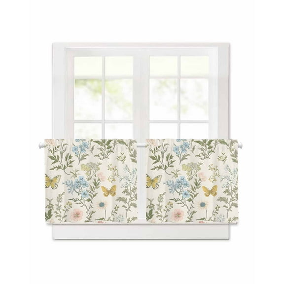 Colored Wildflowers Short Blackout Curtains 30Inch Long Butterfly Leaf Linen Texture Rod Pocket Kitchen Curtains, 2 Panels Thermal Insulated Room Darkening Drapes for Bedroom, 30"W x 30"L