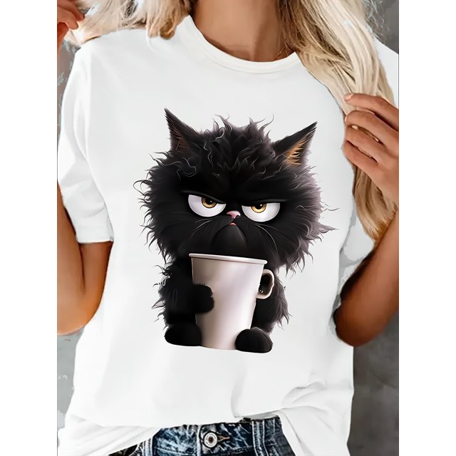 Women's Casual Sporty T-Shirt, Black Cat Print, Comfort Fit Short Sleeve Tee, Fashion Breathable Casual Top
