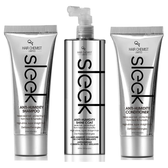 Hair Chemist Sleek Anti-Humidity Shampoo 8oz, Conditioner 8oz & Shine Coat 8oz 3-PC SET - Frizzy Hair Shampoo and Anti-Frizz Treatment Collection for Silky Hair & Super Straight Hair