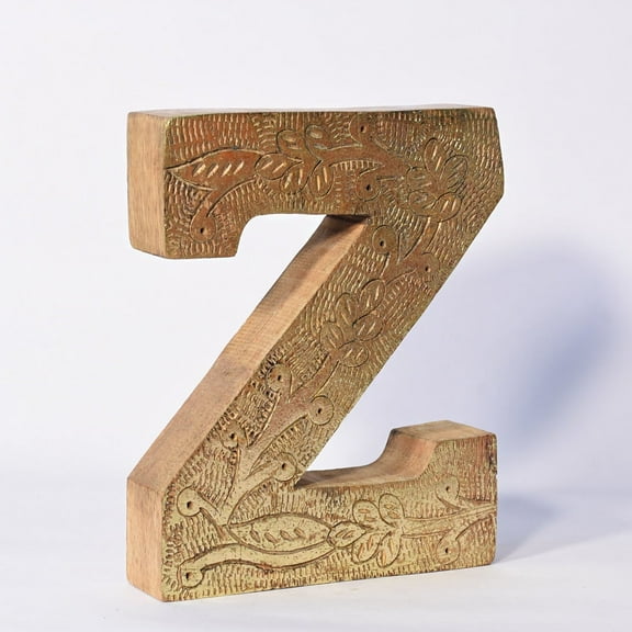HANDMADE ECO-FRIENDLY "Z" WOOD ALPHABET LETTER BLOCK FOR WALL MOUNT & TABLE TOP DÉCOR- , Natural-Gold Foil Color, Traditional Design, Letter Block For Study Room, Kids Room, Living Room, Hall, Offices