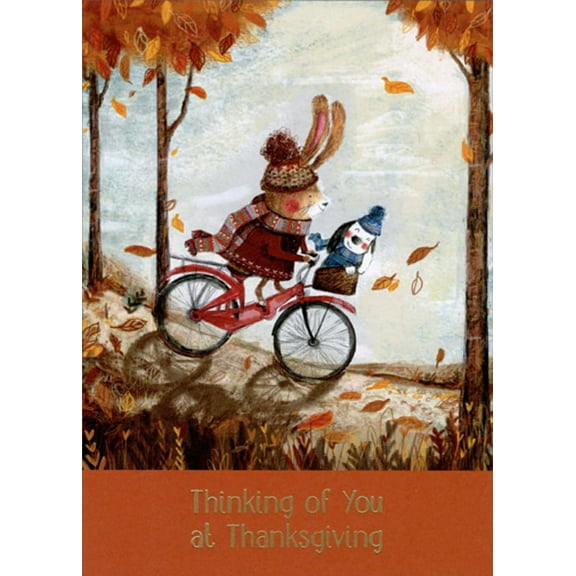 RSVP Bunny and Dog Riding Bike Down Hill Thinking of You Thanksgiving Card