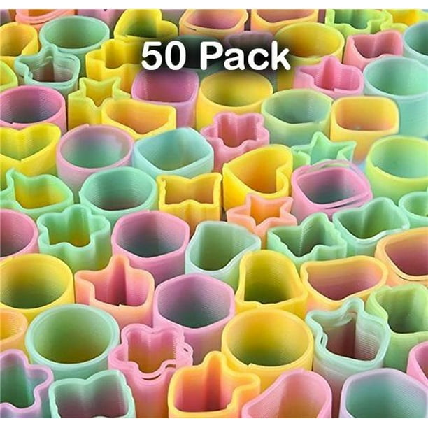 50 Pieces Mini Rainbow Slinkys 1.5 Inch Plastic Round, Star, Hexagon, Butterfly, Heart, Fish