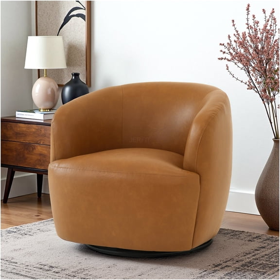 JERFIT 32 Inch Modern Swivel Barrel Chair, Faux Leather Accent Chair with Tufted Back, Comfortable Upholstered Lounge Chair for Living Room, Bedroom, Office, Tan
