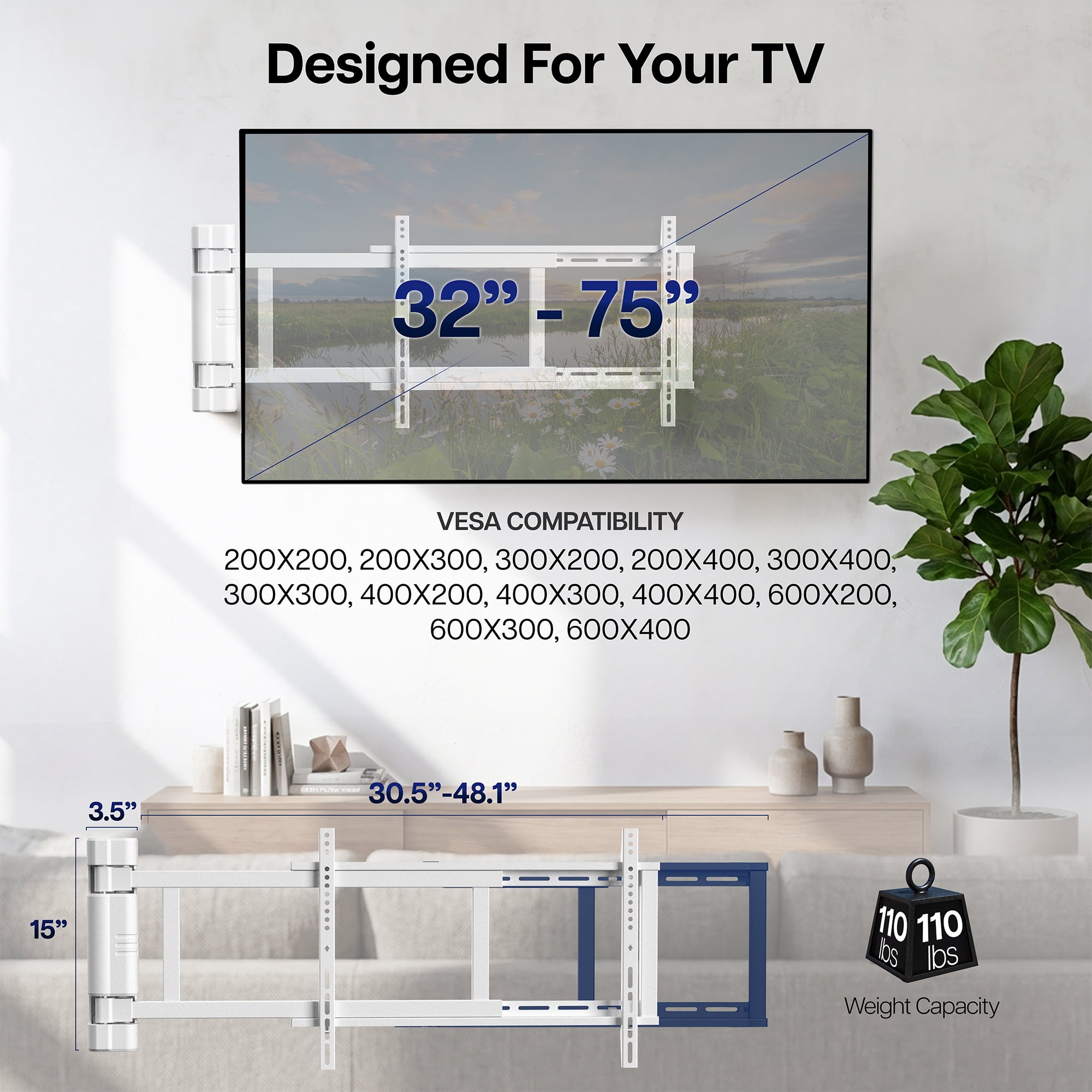 VIVO White Steel Low Profile Electric Adjustable Swing 32" to 75" TV Wall Mount